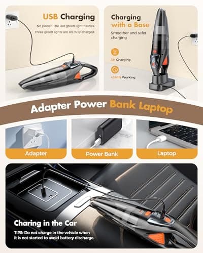 Handheld Vacuum Cordless 25000PA Powerful Suction, Portable Car Vacuum, 3 in 1 Hand Held Vacuum Rechargeable 8000mAh with LED Light, HEPA Filter, Home, Car Seats, Office, Pet Hair, Dust Buster - Thumbnail 5