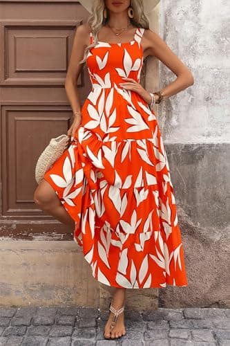 PRETTYGARDEN Women's 2026 Summer Floral Maxi Dress Sleeveless Smocked Ruffle Long Flowy Beach Vacation Boho Sundresses (Floral Orange Beige,XX-Large) - Thumbnail 4