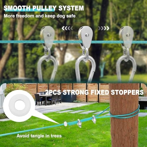 Libbipaw Dog Runner for Yard - 200ft Aerial Dog Run Cable System with Shock Absorbing Bungee Tether, Chew Proof Steel Cable & Tangle Free Pulley for Large Dogs, Backyard Zip Line for Dogs - Thumbnail 6