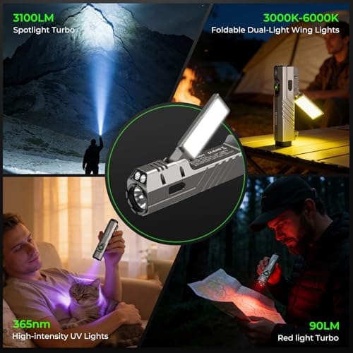 Wurkkos HD05 Flat EDC Flashlight, 3100 Lumens 4-in-1 LED Rechargeable Flashlight with UV, Red Light & Foldable Rotatable Side Light, USB-C High Lumens Flashlights, IPX6 for Camping,Outdoor,Work - Thumbnail 3