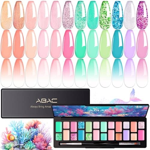 ABAC 24 Color Hema-Free Glitter Solid Gel Nail Polish,Ombre Gel Nail Polish,Pat Paint Nail Gel- Mermaid Ocean & Coral Reef Shades w/Pro Dual Brush Clump-Free for Pool Party,Spring/Summer Soak Off Gel