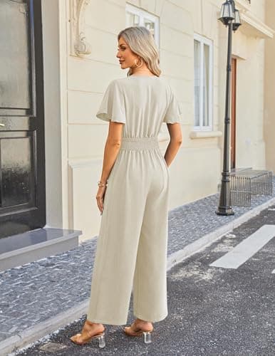 LOOKBOHO Jumpsuits for Women Dressy Casual Ruffle Short Sleeve Button V Neck 2026 Wide Leg Romper One Piece Outfits - Thumbnail 3