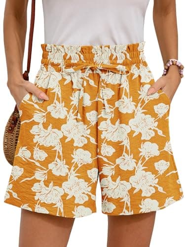 Moodclo Summer Casual Shorts with Pockets White Flower Yellow Small for Women High Waisted Wide Leg Womens Boho Shorts Drawstring Beach Vacation 2025 Clothes - Image 1