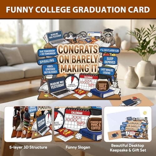 D4DREAM Funny College Graduation Card - MeMe Congrats on Barely Making It, Last Minute Legend, Raccoon, Powered by Panic & Coffee, 5-Layer Pop Up Graduation Card for High School College Graduates - Thumbnail 3