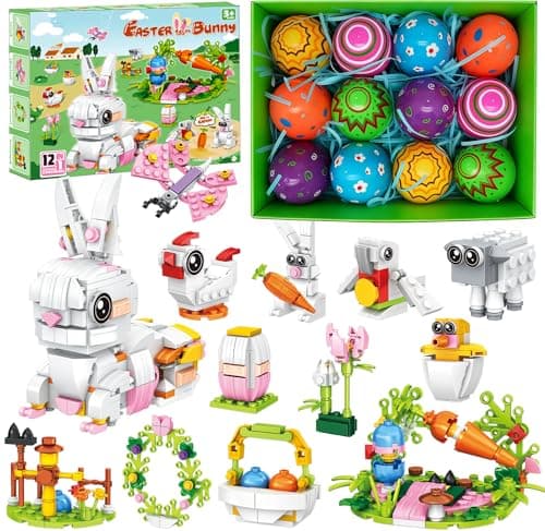 Prefilled Easter Eggs with Easter Bunny Building Blocks Toy Set - 12 in 1 Rabbit Building Kit, Easter Basket Stuffers Egg Hunt Party Favors Classroom Prizes Filled Easter Egg Gifts for Kids Boys Girls - Image 1
