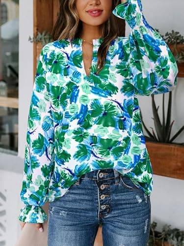 MASCOMODA Womens V Neck Floral Long Sleeve Tops 2026 Summer Casual Loose Puff Sleeve Chiffon Boho Work Blouse Dressy T Shirts(Green Floral,XX-Large) - Thumbnail 2