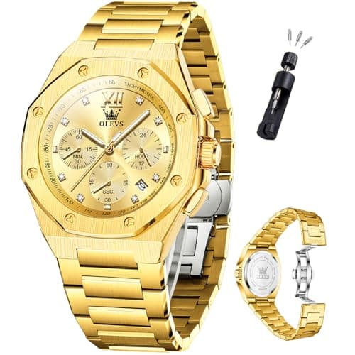 OLEVS Gold Watches for Men Luxury Stainless Steel Dress Large Face Wrist Waterproof Quartz Analog Mens Watch Chronograph Octagonal Dial Luminous Watches for Men Relojes para Hombres