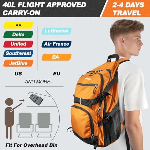 Seektop 40L Foldable Hiking Backpack for Women Men Lightweight Packable Travel Backpack Carry on Flight Approved for Outdoor Camping Sport Leisure (Orange) - Thumbnail 4
