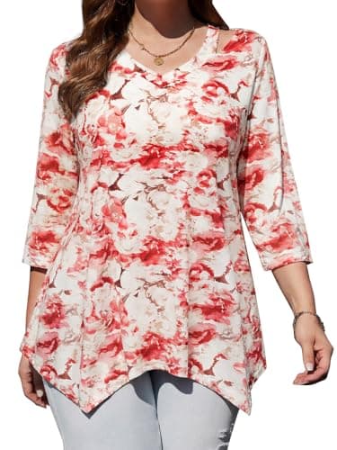 Amrto Women'S Plus-Size Fashion Pink Peony Print Tops 3/4 Sleeves Dress Shirts Cut Out V Neck Flowy Blouses Dinner Party School Picnic 2026 Spring Summer Wear with Leggings Dressy Casual No-Ironing - Image 1