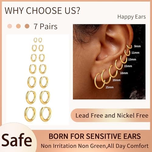 Eaciy 7 Pairs Gold Hoop Earrings for Women - 18K Gold Plated Hoop Earrings Set Lightweight Minimalist Small Hoops Hypoallergenic Thick Lightweight Earring for Women Jewelry Gifts - Thumbnail 2