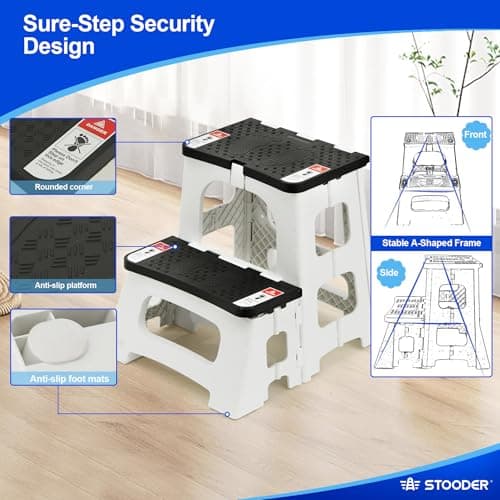 STOODER Folding 2-Step Stool - Upgraded Stable A-Frame, Safety Lock, Anti-Slip Rubber Feet, 300lb Capacity, No Assembly - 8" 17" Step Stools for Kitchen, Bathroom, Bed, RV, Home, Office (Panda) - Thumbnail 3
