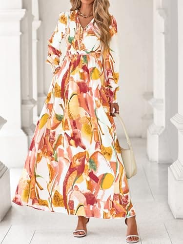 BTFBM Women Fall Wedding Guest Maxi Dresses 2025 Floral V Neck Long Sleeve Boho Long Dress Vacation(Pink Watercolour,Medium) - Thumbnail 5