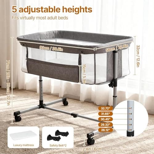 Cheermomo Baby Bassinet, 2 in 1 Bassinet Bedside Sleeper with Wheels, Stable and Secure Bedside Bassinets for Newborn Infant, 5 Height Adjustable Baby Crib, Breathable Full Mesh & Mattress, Grey - Thumbnail 2