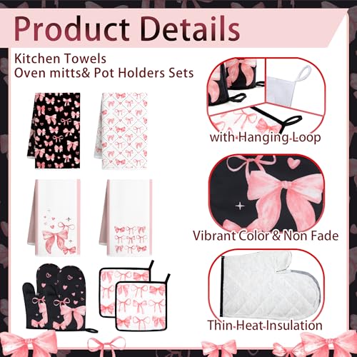 Vetoxka 10 Pcs Cute Pink Bow Kitchen Decor and Accessories - Valentines Day Sets 4 Dish Towels 2 Pot Holders 2 Oven Mitts 2 Rugs for Kitchen Bathroom Home Cooking Housewarming Baking Daughter Mom Gift - Thumbnail 5