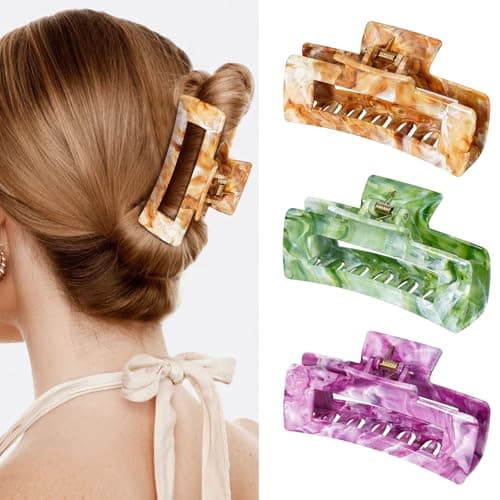 SHINLEA 3Pcs Hair Claw Clips for Women, 4.1 Inch Non slip Claw Clip, Reference Ink Painting Design, Ideal for Home Party and Work Styling, Hair Accessories for Girls Gift (Brown and Green and Purple) - Image 1