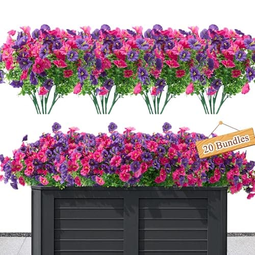 idredn Artificial Flowers for Outdoors Decoration,20 Bundles Fake Morning Glory Petunias for Outside Artificial Faux Plants for Home Porch Patio Balcony Planter Yard Garden Dark Purple Light Purple - Image 1
