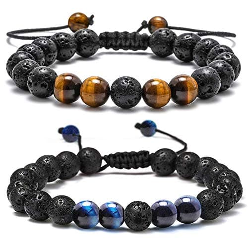 M MOOHAM Easter Gifts for Men Boys Bracelets - Beaded Lava Rock Tiger Eye Black Adjustable Bracelets for Mens Jewelry Gifts - Image 1