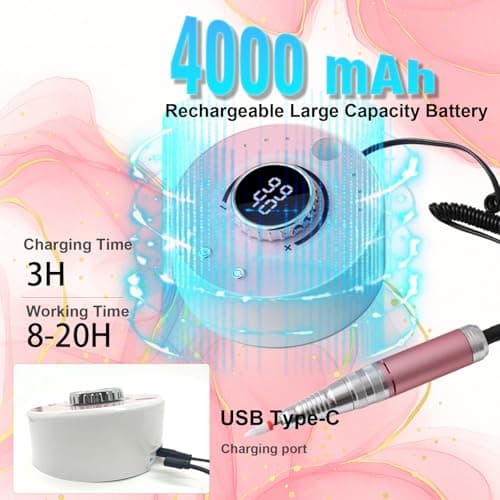 Qinvone Electric Nail Drill File: Professional 40000RPM Nail E-File Drill, Rechargeable Cordless Nail Drill with Bits & Base for Acrylic Nails Remove Nail Gel Polish Manicure for Home Salon Use (Blue) - Thumbnail 4