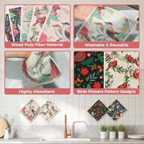 wlich 10PCS Swedish Dishcloths for Kitchen, Reusable Dish Rags for Washing Dishes with Clips, Non-Scratch Kitchen Towels and Dishcloths Sets, Washable Swedish Dish Cloths, No Odor(Birds Flowers) - Thumbnail 5