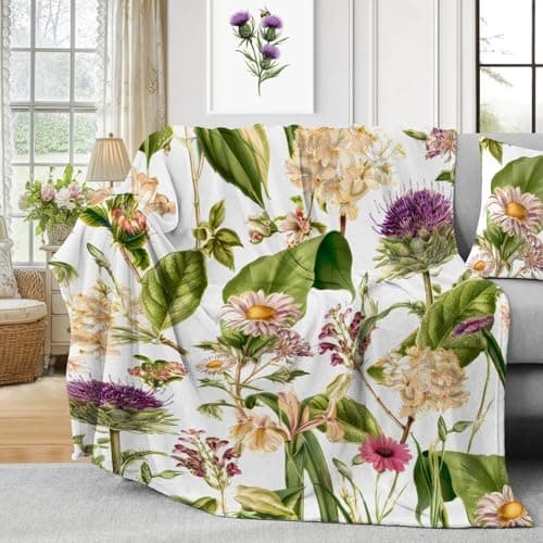 yuboo Spring Green Watercolor Floral Throw Blanket, Soft Flannel Blanket Gifts for Women Kids Girls, Gift for Home Business Travel Botanical Home 50 x 60 Inch - Image 1