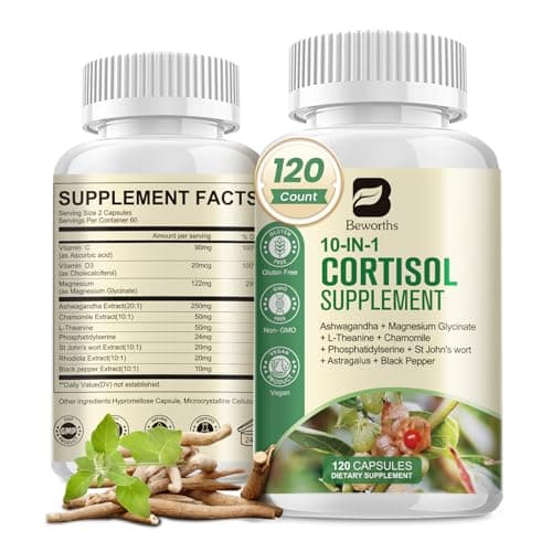 B BEWORTHS Cortisol Supplements for Women Men, 10-in-1 Cortisol Detox with Ashwagandha, Magnesium, L-Theanine, Balanced Cortisol Levels, Night & Calm Support, 120 Vegan Capsules - Image 1