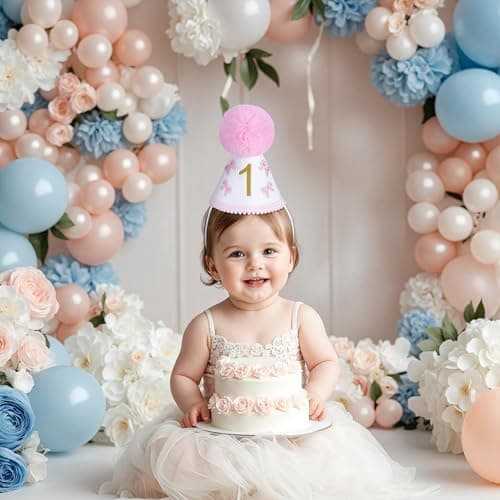 UTOLOVE Handcrafted Felt Birthday Hat with Pompom - Adjustable Cone Hat for 1st, Half to 5th Birthday Party Decorations - Baby & Kids Celebration Photo Prop Crown- White&Pink - Thumbnail 4