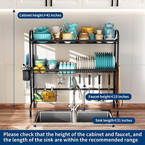 MOUKABAL Dish Drying Rack - Stainless Steel Over The Sink Dish Drying Rack (Expandable Length), 2 Tier Large Dish Rack with Utensil Holder, 32.3" - 33.9"(L) x 11.4"(W) x 32.3"(H) Black - Thumbnail 3