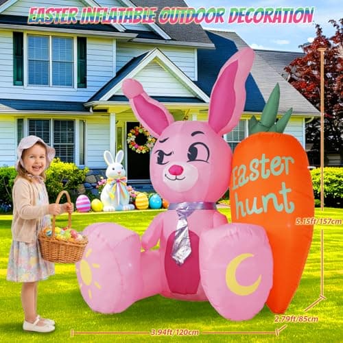 KISSUNY 5.15ft Easter Inflatables Outdoor Decorations Pink Bunny with Orange Carrot Blow Up Yard Decor with Built-in LEDs and Anchor Kit for Easter Egg Hunt Party Garden Lawn Patio Ornament - Thumbnail 2