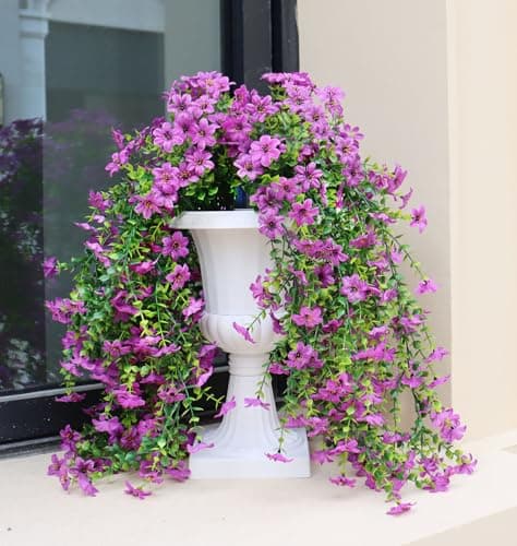 Obmnor Artificial Hanging Flowers for Outdoors, 4 Pack Fake Hanging Plant for Spring Summer Decor, UV Resistant Faux Silk Flower for Planter Porch Patio Balcony Yard Decoration (Light Purple) - Image 1