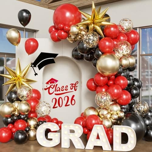 Black Red Gold Balloon Arch Kit, 2026 Graduation Decorations, 130Pcs Black Red Gold Balloons with Foil Star Balloons Confetti Balloons for College High School Graduation Decorations Class of 2026 - Image 1