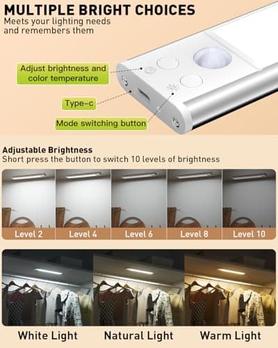 SZOKLED Motion Sensor Light Indoor, Rechargeable Closet Lights Battery Operated, Dimmable Under Cabinet Lighting for Kitchen, Stair, Wardrobe, Pantry, 4Pack (9.84inch) - Thumbnail 5