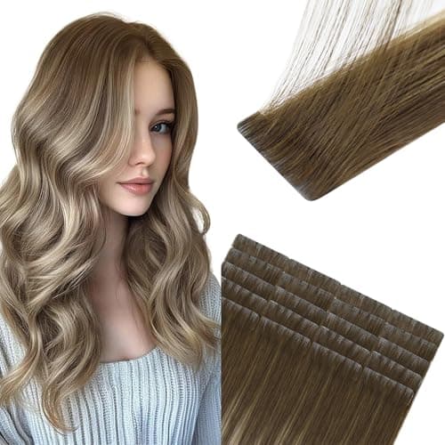 Sunny Hair Invisible Brown Balayage Blonde Injected Tape in Hair Extensions, Real Human Hair, 22 Inch 20Pcs 50g, Natural Invis Edge Tape, Seamless Hand Sewn Hair Extensions