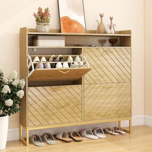 Hadulcet Hidden Shoe Cabinet with 4 Flip Drawers, Long Wood Shoe Storage Cabinet for Entryway Closet, Narrow Freestanding Shoe Rack Organizer w/Adjustable Shelves, Metal Legs, Cupboard, Natural Wood - Image 1