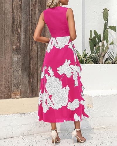 BTFBM Women Casual Sleeveless Summer Dresses 2026 Spring Crewneck Patchwork Boho Floral Ruffle Cocktail Party Midi Dress(Big Floral White Rose Red, Small) - Thumbnail 5