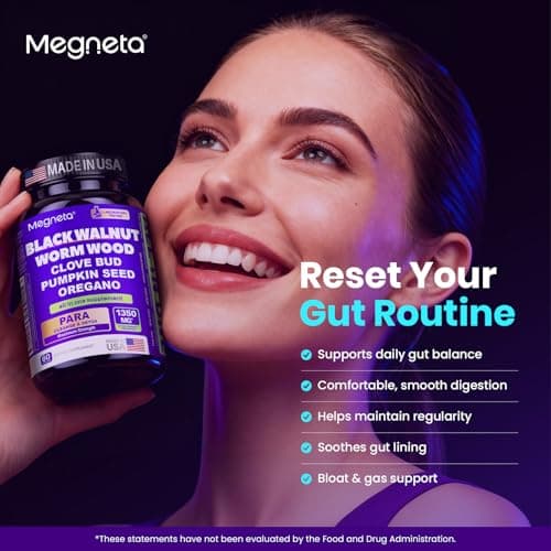 MEGNETA Wormwood Black Walnut Clove Cleanse for Humans, Intestinal Cleanse & Gut Detox with Pumpkin Seed & Oregano, Vegan Digestive Support for Adults, 60 Capsules - Thumbnail 3