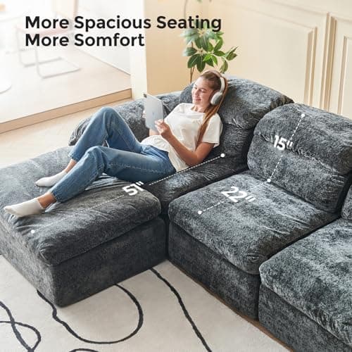 Ayovoch 115.7" L Shaped Modular Sectional Sofa with Ottoman, Cloud Boneless Couch, Upholstered Sofa in a Box, Flexible Module Combination for Living Room, No Assembly, Grey - Thumbnail 3