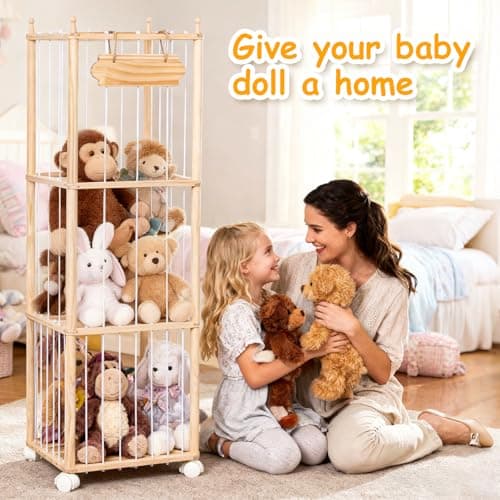 Stuffed Animal Storage - Wooden Large Organizer Holder for Kids' Room and Playroom - Plush Zoo Animals Holder with Elastic Cords & Brake Wheel for Toddler Bedroom Toy Stuff Organization - Thumbnail 5