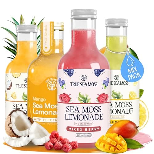 Sea Moss Lemonade Variety Pack – 4 Flavors Sampler: Lemon, Mango with electrolyte, Berry, Pina Colada – Vegan Hydration Drink – 4 x 12 fl oz Bottles – Made in USA - Image 1