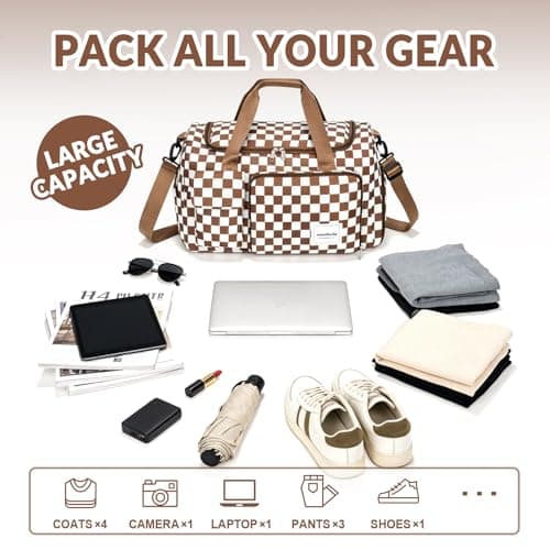 WOOMADA Foldable Travel Duffel Bag for Women, Weekender Bags with Shoes Compartment,Overnight Bag with Wet Pocket & Trolley Sleeve(brown checkerboard) - Thumbnail 3