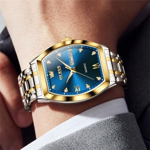 OLEVS Watches for Men Square Blue Face Silver and Gold Stainless Steel Dress Man Watch Luxury Two Toned Waterproof Wrist Watch Relojes para Hombres - Thumbnail 3