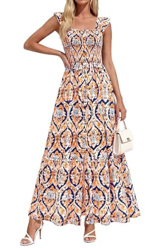 dowerme Womens Summer Maxi Dresses 2026 Casual Ruffle Sleeve Button Smocked Floral Slit Boho Dress Spring Beach Sundress(Blue Geometry,Small) - Image 1