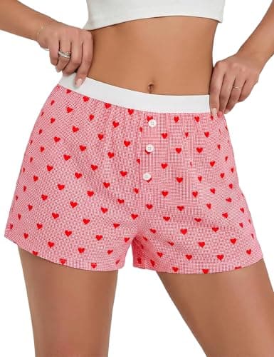 Frcdaunrs Womens Gingham Boxers Shorts 2026 Cute Pajama Pj Bottoms Casual Checkered Shorts with Herats Red Plaid S - Image 1