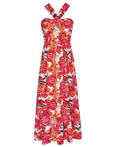 2024 Summer Women's Criss Cross Halterneck Sleeveless Floral Print Flowy A Line Maxi Dress Rose Orange M - Image 1