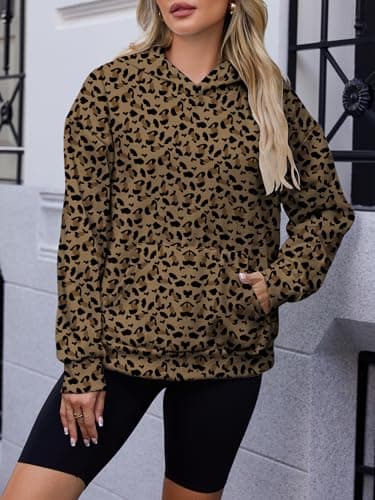 Bellcoco Womens Camo Hoodies Maple Leaf Print Fleece Sweatshirt Long Sleeve Pullover Tops Hooded Fall Winter Clothes Leopard S - Thumbnail 3