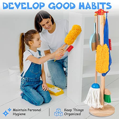 Wooden Kids Cleaning Set for Toddlers,8 Pieces Montessori Cleaning Toys with Kids Broom and Mop Set, Housework Pretend Play Toy Gift for Boys Girls Ages 3+ - Thumbnail 6