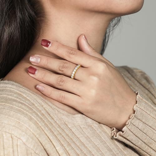 SILVERNANA 0.7ct 7-Stone Moissanite Wedding Band for Women Yellow Gold Plated Sterling Silver Half Eternity Stackable Ring, Promise Band for Her Size 6.5 - Thumbnail 4