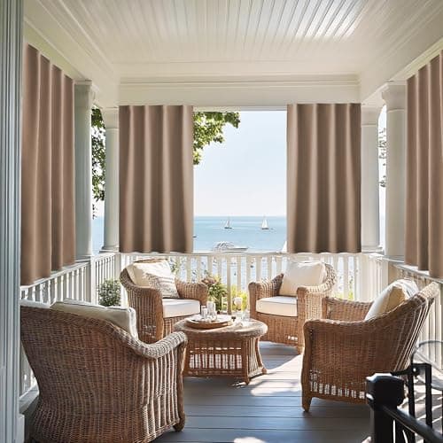 NICETOWN Fade Resistant Outdoor Curtains for Patio Waterproof, Peel/Stick Top & Back Tab Bottom with Free Rope for Wind Resistance, Sun Shades for Balcony/Porch, W46 x L63 in, Tan, 2 Panels - Image 1