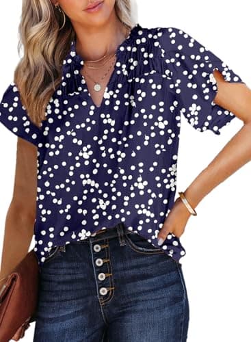 Dokotoo Womens Juniors Summer Tops 2026 Fashion Trendy Casual Dressy Spring Smocked Short Sleeve T Shirts Alicia Flower Print V Neck Business Work Tunic Bohemian Floral Top Medium Blue - Image 1