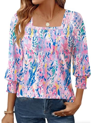 GKBK Womens 3/4 Sleeve Shirts Square Neck Dressy Casual Blouses Spring Summer Smocked Cuffs Tops - Image 1