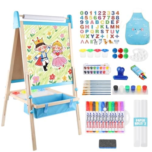 Wooden Easel for Kids, Adjustable Kids Art Easel, Learning Toy for Boys and Girls Ages 3-4 4-8 8-12, Wooden Blackboard & Magnetic Whiteboard and Drawing Paper Holder, 2 Drawing Paper Roll - Image 1